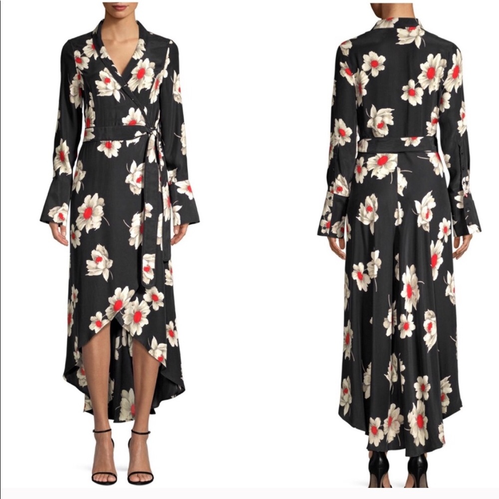 Equipment Silk Wrap Dress Black Floral Print M